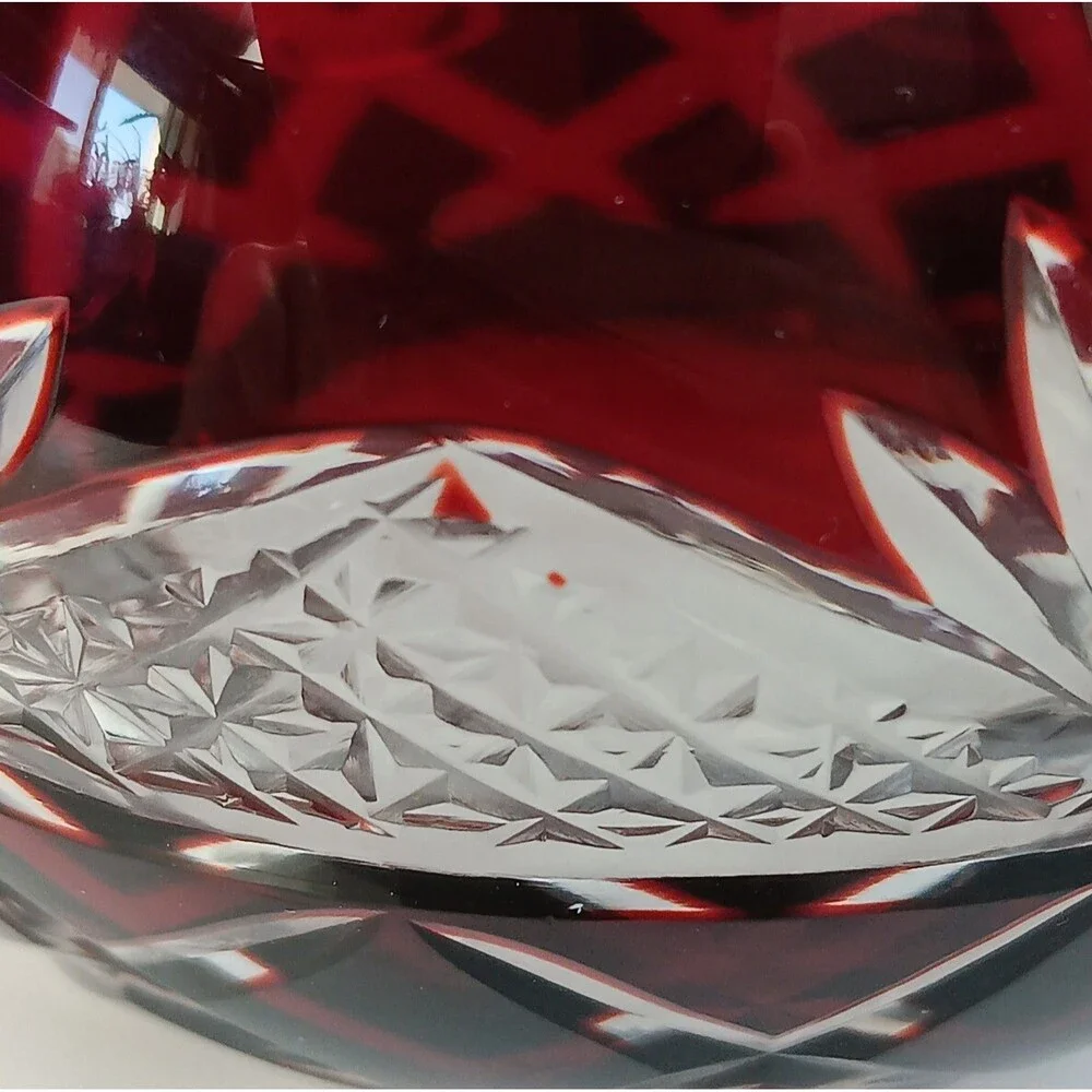 Crystal Ruby Red Cut To Clear Vase Bowl Candle Holder Cut Glass Bohemian READ
